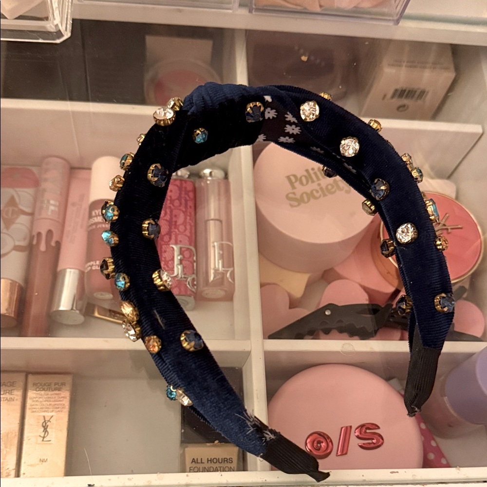 Francesca's Navy Velvet Headband with Multi-Colored Gems